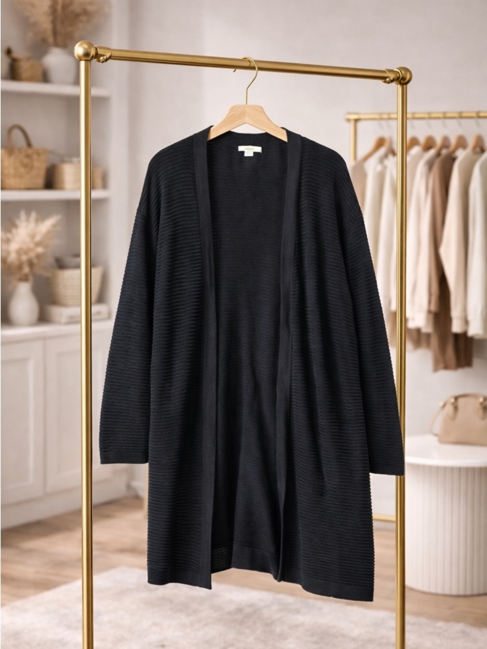 H&M Black Longline Open Cardigan Ribbed Knit Minimalist Layering Piece